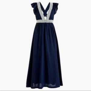J Crew Ruffle Deep V-Neck Embroidered Beach Dress in Navy and White size S